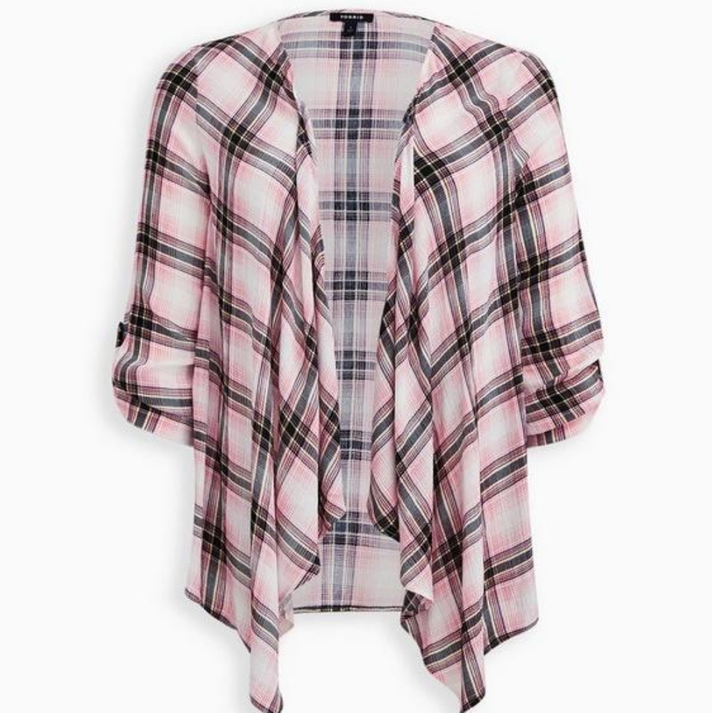 Torrid Gauze Roll Tab Sleeve Drape Front Kimono Plaid 3rd Piece 0X